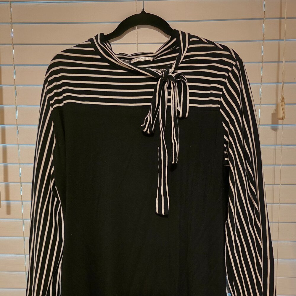 In'Voland Black & White Striped Long-Sleeve Pullover Front Tie Top Size 16W